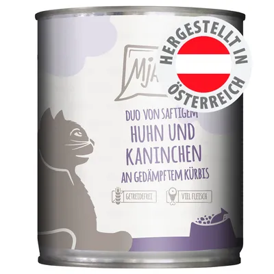 MjAMjAM Duo von saftigem Huhn und Kaninchen an gedämpftem Kürbis, getreidefrei, viel Fleisch, hergestellt in Österreich. MjAMjAM Duo von saftigem Huhn und Kaninchen an gedämpftem Kürbis, getreidefrei, viel Fleisch, hergestellt in Österreich.