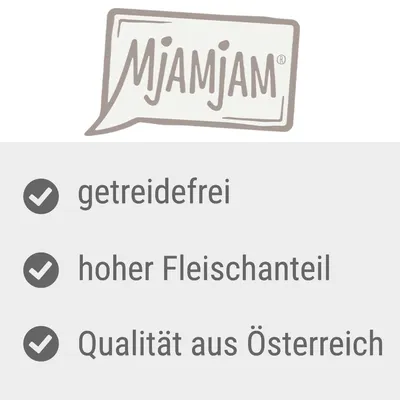Mjamjam, getreidefrei, hoher Fleischanteil, Qualität aus Österreich (texte en allemand)