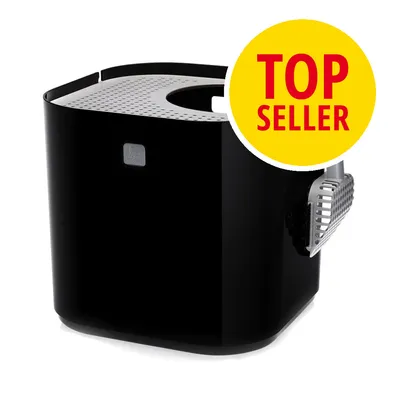 Modkat musta muovinen kissanvessa, mukana harmaa muovinen lapio. Keltainen merkki: TOP SELLER.