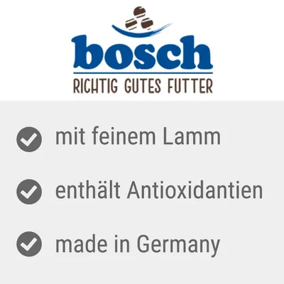 bosch. Richtig gutes Futter. Mit feinem Lamm, enthält Antioxidantien, made in Germany.