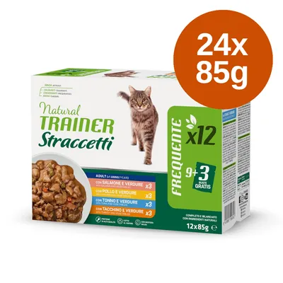 Natural Trainer Straccetti kattmat, 24x85g. Smaker: lax, kyckling, tonfisk, kalkon med grönsaker. Utan färgämnen och konserveringsmedel. Erbjudande: 9+3 påsar gratis.