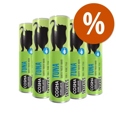 Cosma Pure Love Snackies Tuna, 100% pure fish, gently freeze-dried macskás csomagolásban, több darabos kiszerelés, százalékos akciójelzés látható.