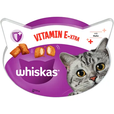 Whiskas comida para gatos com frango, vitamina E-XTRA, símbolo de escudo para saúde. Whiskas comida para gatos com frango, vitamina E-XTRA, símbolo de escudo para saúde.