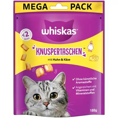 Whiskas Knuspertaschen Мега пакет, с пиле и сирене, под 2 ккал на брой, без изкуствени ароматизатори, обогатени с витамини и минерали, 180 г.