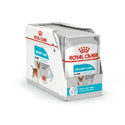 Box of Royal Canin Urinary Care pouches, labelled for all sizes, with urinary tract health highlighted and visible product image on packaging.