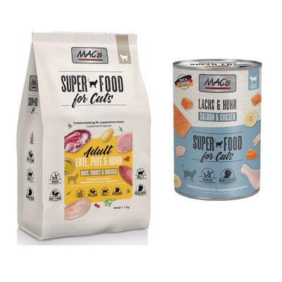 MAC´s Kombi-Paket: 12 x 400 g Nassfutter + 2 x 1,5 kg Superfood Trockenfutter 12 x 400 g Lachs & Huhn + 2 x 1,5 kg Adult Ente, Pute & Huhn