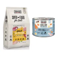 MAC´s Kombi-Paket: 12 x 200 g Nassfutter + 2 x 1,5 kg Superfood Trockenfutter - 12 x 200 g Lachs & Hühnchen + 2 x 1,5 kg Adult Ente, Pute & Huhn