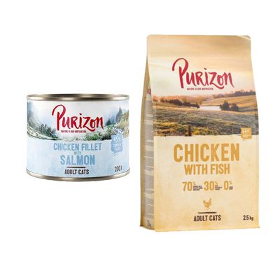 Purizon Kombi-Paket: 24 x 200 g Nassfutter + 2,5 kg Trockenfutter Hühnerfilet mit Lachs + Original Huhn mit Fisch