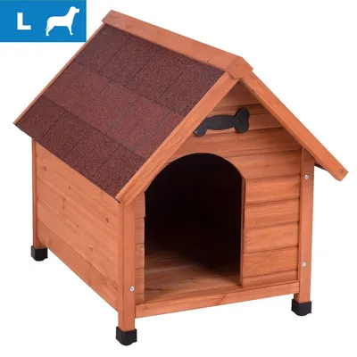 Niche pour chien en bois, toit à tuiles rouges, taille L indiquée par pictogramme et lettre blanche sur fond bleu en haut à gauche.
