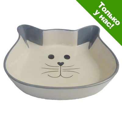 Керамическая миска в форме головы кошки с рисунком мордочки. В верхнем правом углу зелёный уголок с текстом: Только у нас!