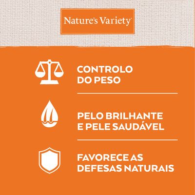 Nature’s Variety. Controlo do peso. Pelo brilhante e pele saudável. Favorece as defesas naturais.