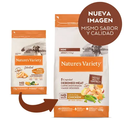 Dos envases de pienso Nature's Variety Mini Adult 1–10 kg, pollo como primer ingrediente, sin cereales. Texto: 'Nueva imagen, mismo sabor y calidad'. Peso visible: 1,5 kg.