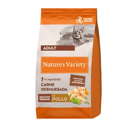 Pienso para gatos adultos Nature's Variety. 1er ingrediente carne deshuesada, con pollo, healthy grains. Envase reciclable. Proteína, calidad, digestibilidad.