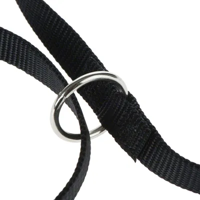 Cinta de nailon negra con anilla de metal plateada, apta para fijación o cierre.