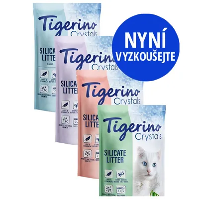 Balení Tigerino Crystals Silicate Litter v různých barvách, nápisy: LIGHT & ECONOMICAL, STOPS ODOURS BEFORE THEY ARISE, INHIBITS BACTERIAL GROWTH, DUST-FREE. Modrý kruh: NYNÍ VYZKOUŠEJTE.