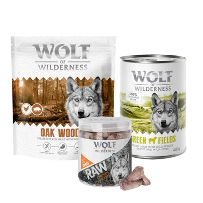 Pack de prueba mixto Wolf of Wilderness: pienso + comida húmeda + snacks - Variante V: Oak Woods con jabalí - Nueva receta