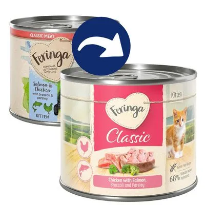 Deux boîtes Feringa Classic Kitten, visible : poulet avec saumon, brocoli et persil, 68 % ingrédients sélectionnés, image de chaton, mention grain-free meat. Texte en anglais sur l’étiquette.