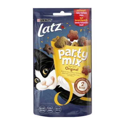 Purina Latz party mix Original kattgodis, synliga bitar i olika färger och former. Text: 2 kcal per bit, Omega 6, protein, nytt recept, samma smak.