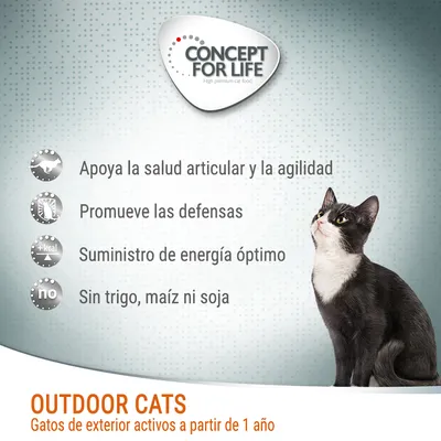 Concept for Life Outdoor Cats. Apoya la salud articular y agilidad, promueve las defensas, suministro de energía óptimo, sin trigo, maíz ni soja. Gatos de exterior activos desde 1 año.