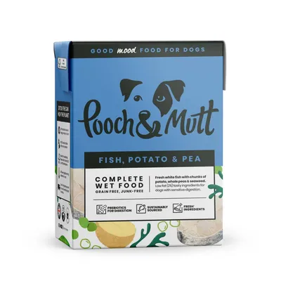 Complete wet food with fish, potato and pea. Grain free, junk-free. Contains prebiotics for digestion, sustainably sourced, fresh ingredients. For sensitive digestion.