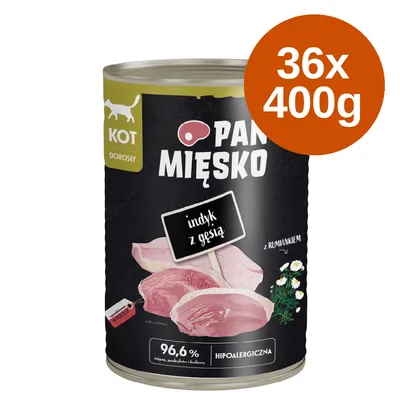 Pan Mięsko kattenvoer voor volwassen katten, smaak kalkoen met gans en kamille, hypoallergeen, 96,6% vleesgehalte, verpakking: 36 blikken van 400g.