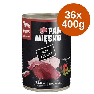 Pan Mięsko karma dla dorosłych psów, hipoalergiczna, 92,6% mięsa, indyk z jeleniem i dziką różą. Opakowanie: 36 puszek po 400g.