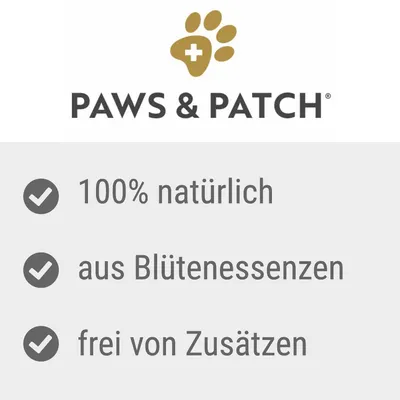 PAWS & PATCH, texte en allemand : 100% natürlich, aus Blütenessenzen, frei von Zusätzen