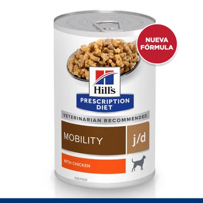 Hill's Prescription Diet Mobility j/d con pollo, nueva fórmula. Texto visible: Veterinarian recommended, dog food. Imagen de comida húmeda para perros en lata.