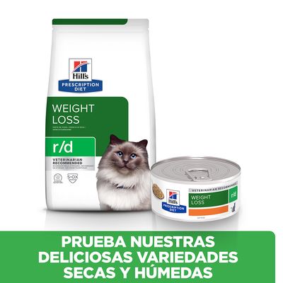 Hill's Prescription Diet Weight Loss r/d para gatos, pienso y lata húmeda. Texto: Prueba nuestras deliciosas variedades secas y húmedas.