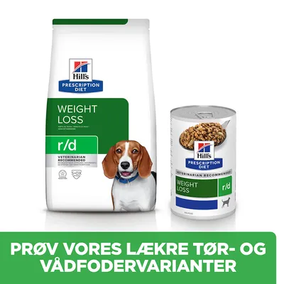 Hill's Prescription Diet Weight Loss r/d tørfoder og vådfoder til hund, tekst: PRØV VORES LÆKRE TØR- OG VÅDFODERVARIANTER