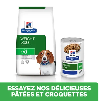 Hill’s Prescription Diet Weight Loss r/d, croquettes et pâtée pour chien. Texte : Essayez nos délicieuses pâtées et croquettes.