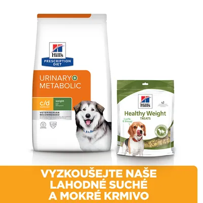 Hill's Prescription Diet Urinary + Metabolic c/d multicare suché krmivo a Hill's Healthy Weight Treats pamlsky pro psy. Text: VYZKOUŠEJTE NAŠE LAHODNÉ SUCHÉ A MOKRÉ KRMIVO.