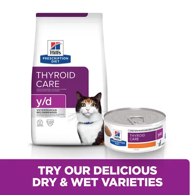 Hill's Prescription Diet Thyroid Care y/d suha i mokra hrana za mačke, vidljiv tekst: VETERINARIAN RECOMMENDED. Donji tekst na engleskom: TRY OUR DELICIOUS DRY & WET VARIETIES.