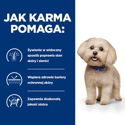 Jak karma pomaga: Żywienie w widoczny sposób poprawia stan skóry i sierści, wspiera zdrowie bariery ochronnej skóry, zapewnia doskonałą jakość stolca.