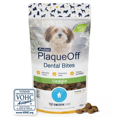 PlaqueOff Dental Bites Veggie, 60g pack. Claims: reducing plaque, preventing tartar, treating bad breath. VOHC accepted for plaque and tartar control. Suitable for small dogs.