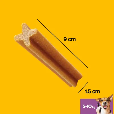 Snack em forma de estrela, com 9 cm de comprimento e 1,5 cm de largura. Indicação visível: 5–10 kg, com imagem de cão no canto inferior direito.