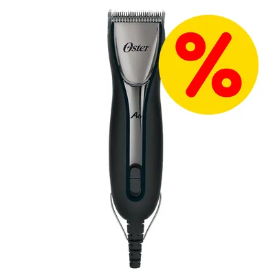 Tosatrice elettrica Oster A6 con cavo, corpo nero e argento, simbolo percentuale rosso su sfondo giallo in alto a destra.