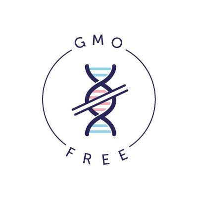 Texto en inglés: GMO FREE. No modificado genéticamente.