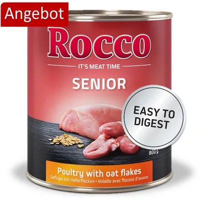 Rocco Senior Geflügel mit Haferflocken, 800g Dose. Text: Easy to digest. Angebot hervorgehoben.