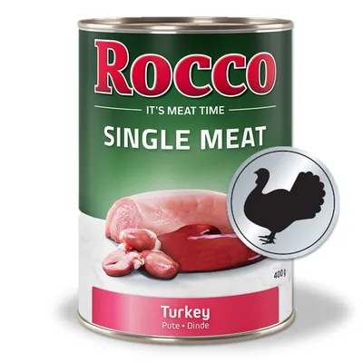 Rocco Single Meat Nassfutter, Sorte Turkey (Pute), 400g Dose. Abgebildet: Putenfleisch und Innereien mit silbernem Puten-Symbol. Rocco Single Meat Nassfutter, Sorte Turkey (Pute), 400g Dose. Abgebildet: Putenfleisch und Innereien mit silbernem Puten-Symbol.
