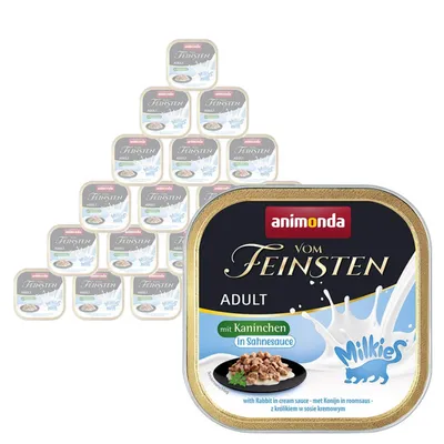 Animonda Vom Feinsten Adult, embalagem de comida húmida com coelho em molho cremoso, texto visível: Milkies, mit Kaninchen in Sahnesauce, imagem do produto empilhado ao fundo.