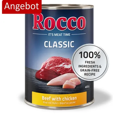 Rocco Classic Dose, Rind mit Huhn, 400g. 100% frische Zutaten und getreidefreie Rezeptur. Angebot hervorgehoben.