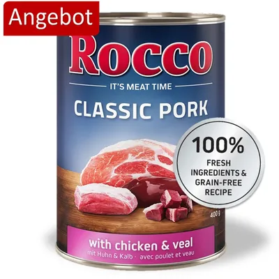 Rocco Classic Pork mit Huhn und Kalb, 400g Dose. 100% frische Zutaten, getreidefreie Rezeptur. Angebot.