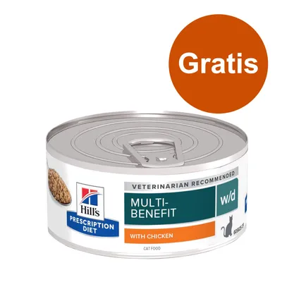 Hill's Prescription Diet Multi-Benefit w/d with Chicken, puszka karmy dla kotów. Na pomarańczowym kole widoczny napis: Gratis.