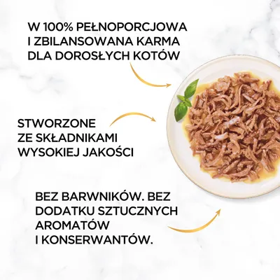 W 100% pełnoporcjowa i zbilansowana karma dla dorosłych kotów. Stworzone ze składnikami wysokiej jakości. Bez barwników, bez dodatku sztucznych aromatów i konserwantów. W 100% pełnoporcjowa i zbilansowana karma dla dorosłych kotów. Stworzone ze składnikami wysokiej jakości. Bez barwników, bez dodatku sztucznych aromatów i konserwantów.