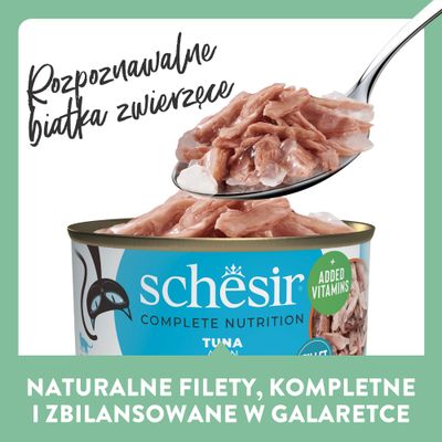 Schesir Mini Meal dla dorosłych kotów, tuńczyk w galarecie, 6x50g, 100% naturalne filety, z dodatkiem witamin.