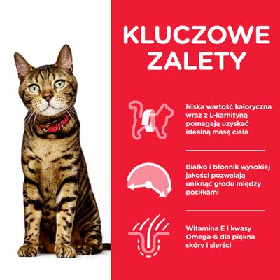 Kluczowe zalety: niska wartość kaloryczna z L-karnityną, białko i błonnik wysokiej jakości, witamina E i kwasy Omega-6 dla skóry i sierści. Tekst w języku polskim.