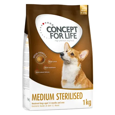 Concept for Life Medium Sterilised, koiranruoka steriloiduille koirille yli 12 kk, painonhallinta, lihasten ylläpito, vahvistaa vastustuskykyä, sopii 11–25 kg koirille, 1 kg pakkaus.