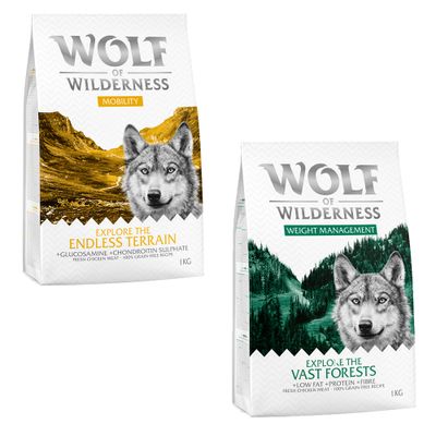 Wolf of Wilderness kutyatáp csomagok: Blue, Sunny, Wild, Green Fields. 100% grain-free recipe. Próbálja ki! felirat narancssárga körben.