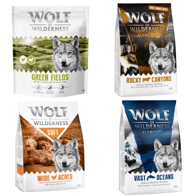 Wolf of Wilderness - vegyes próbacsomag "Kedvenc mix": bárány, Vast Oceans, Soft csirke, Elements-marha (4 x 1 kg)